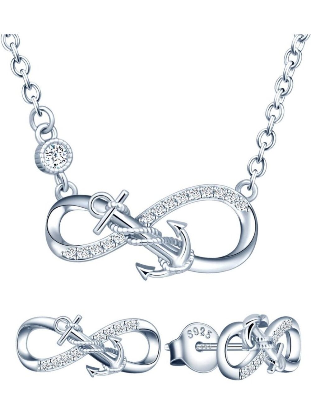 Nautical Anchor Jewelry Set - 925 Sterling Silver Necklace & Stud Earrings for